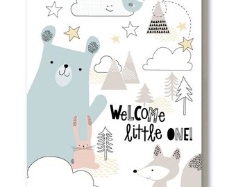 Welcome Little One Baby Card, Cute Animals New Baby Card, Woodland Animals Baby Shower Card, Cute Bear Baby Shower Card, Card for New Mom