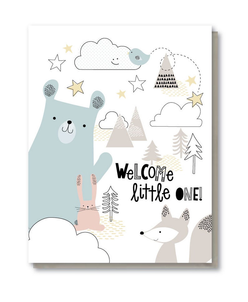 Welcome Little One Baby Card, Cute Animals New Baby Card, Woodland Animals Baby Shower Card, Cute Bear Baby Shower Card, Card for New Mom image 1