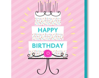 Curly Cue Cake Birthday Card, Layered Cake Birthday Card, Birthday Card for Her, Birthday Cake Greeting Card, Card for Wife, Card for Mom