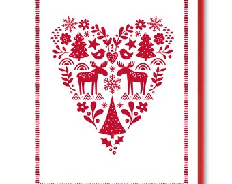 Scandinavian Heart Holiday Card, Nordic Animals Greeting Card, Winter Animals Blank Card, Red Heart Christmas Card, Non Religious Christmas