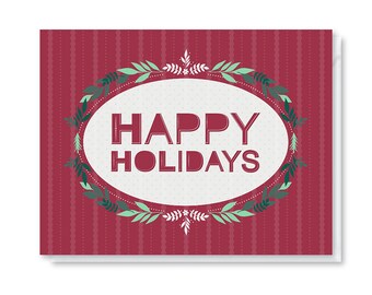 Happy Holidays Holiday Card, Happy Holidays Wreath Christmas Card, Wreath Holiday Card, Non Religious Christmas Card