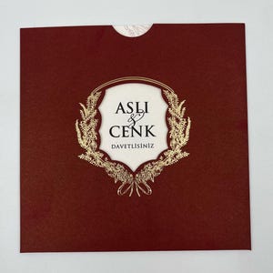 Faire-part de mariage minimaliste, Enveloppe à fenêtre bordeaux, Faire-part de mariage à paillettes dorées, Cachet de cire personnalisé, Faire-part élégant