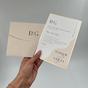 Invitación de boda minimalista, sobre en polvo, invitación de boda con marco dorado, sello de cera personalizado, invitación elegante