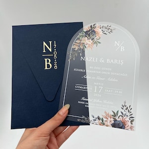 Minimalistische Hochzeitseinladung, Mattes Acryl, Blumenacryl, Marineblau Elegant, Goldglitzernde Hochzeitseinladung, anpassbares Wachssiegel