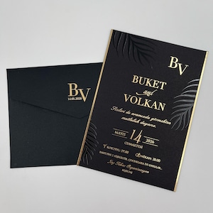 Invitación de boda minimalista, sobre negro, invitación de boda con purpurina dorada, sello de cera personalizado, invitación elegante, patrón en relieve