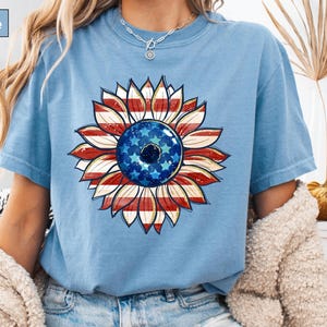 Patriotic Sunflower Graphic Tee, American Flag Inspired Design, 4th of July Outfit, Vintage Distressed Americana Apparel, USA Pride Clothing