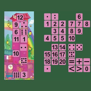 Può includere: Un colorato gioco educativo con un edificio con numeri e motivi di dadi, e quadrati rosa con numeri, punti e simboli matematici. I numeri vanno da 0 a 20, con vari simboli matematici.