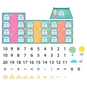 May include: A vibrant educational toy set with building-shaped cards, numbers, and mathematical symbols. Includes a princess, a tree, a sun, a butterfly, a cloud, and a bird. Designed for learning mathematics.