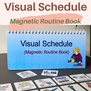 Peut inclure: Un livre d'emploi du temps visuel avec le texte "Visual Schedule (Magnetic Routine Book)". Le livre est bleu avec un motif de pièces de puzzle et une reliure à spirale. De petites cartes carrées avec des tâches de routine sont affichées.