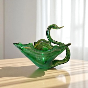 Vintage Murano Style Green Glass Swan Figurine = Hand Blown