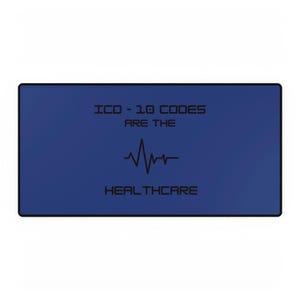 Op de afbeelding: Een rechthoekige, marineblauwe muismat met zwarte tekst die luidt "ICD-10 CODES ARE THE" boven een zwart elektrocardiogram symbool, en "HEALTHCARE" eronder.