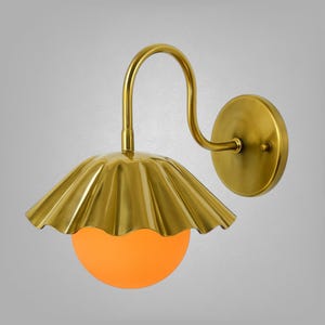 Mid Century Modern Brass Wall Sconce – Ruffled Opal Globe Light