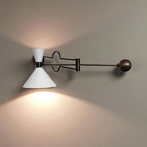 Mid-Century Modern Swing Arm Wall Lamp: Antique Brass & White Double Cone