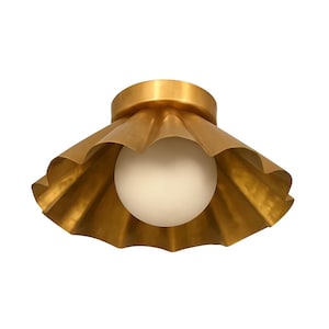 Mid-Century Modern Brass Flush Mount Light: Handmade Glass Globe
