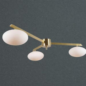 3-Arm Opal Disc Brass Ceiling Light, Italian Mid Century Modern Flush Mount Lamp