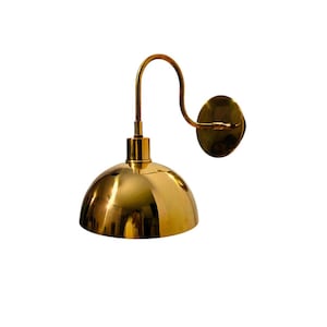Brass Dome Wall Sconce – Modern Industrial Wall Light with Curved Arm – Polished Gold Finish Lamp for Bedroom, Hallway, or Vanity Lighting&quot;