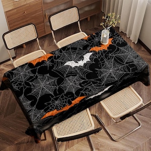Waterproof Halloween Round Tablecloth with Bat and Spider Web Prints