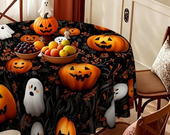 Halloween Round Tablecloth with Pumpkin & Ghost Print, Spooky Party Decor Table Cover