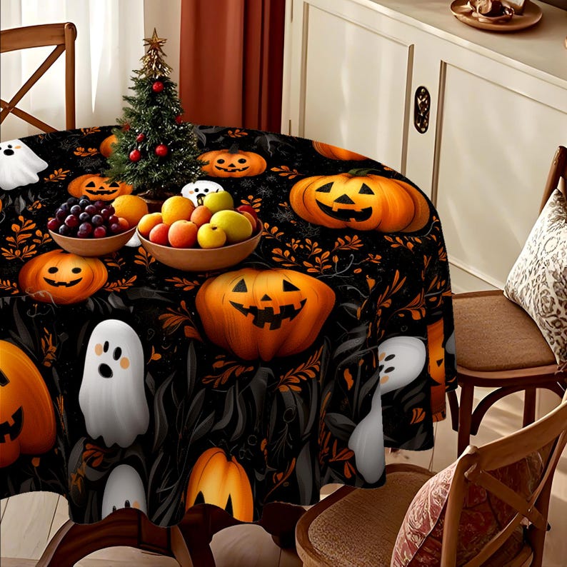 Halloween Round Tablecloth with Pumpkin & Ghost Print
