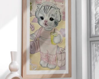 Gym Cat Art Print, Funny Fitness Poster (Digital Download)