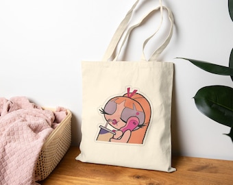 Cartoon Girl Cotton Canvas Tote Bag, Reusable Shopping Bag