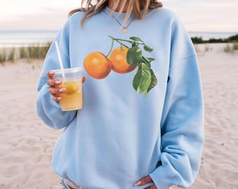 Orange Sweatshirt,Art Graphic Fruit Hoodie, Summer Oranges Shirt, Foodie Vintage Graphic sweater, Aesthetic Fruit Shirt, Flowers,E163