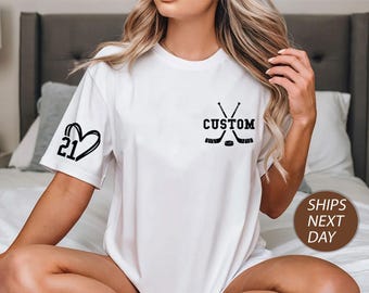 Hockey Mom T-Shirt, Personalized Name on Sleeve (Comfort Colors Tee),C733