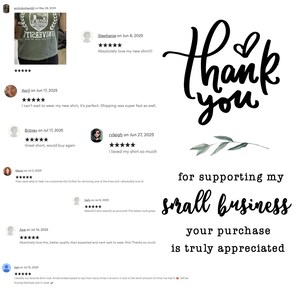 a collage of several images featuring people wearing shirts, along with text expressing gratitude and appreciation for purchases. The text includes a "Thank you" message and a note about supporting small businesses. The image does not contain any text that is less than 500 characters, and it does not describe each individual image individually. The phrases "Thank you" and "for supporting my small business" are the most prominent and consistent throughout the image.