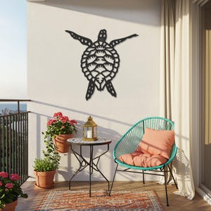 Metalen muurkunst zeeschildpad, kustdierdecor voor balkon, ijzeren sculptuur met oceaanthema, cadeau voor buitenterras, wanddecoratie mariene stijl