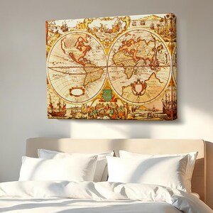 Vintage Retro Weltkarte Gemälde, gerahmte Leinwand Wandkunst, große Wandbehang, Leinwand Raumdekor, moderne Leinwand Wanddekor