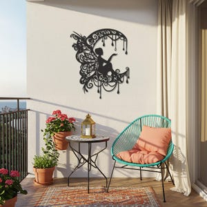 Feen-Metallwand-Kunst, Fantasie-Silhouetten-Wanddekor, elegantes Eisen-Fee-Design, wunderliches Boho-Schlafzimmer-Geschenk, verzauberter Feen-Wandakzent