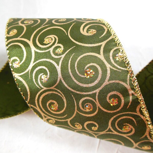 Deep Green and Gold Spiral Ribbon - Wire Edge, Wide Width, Opulent