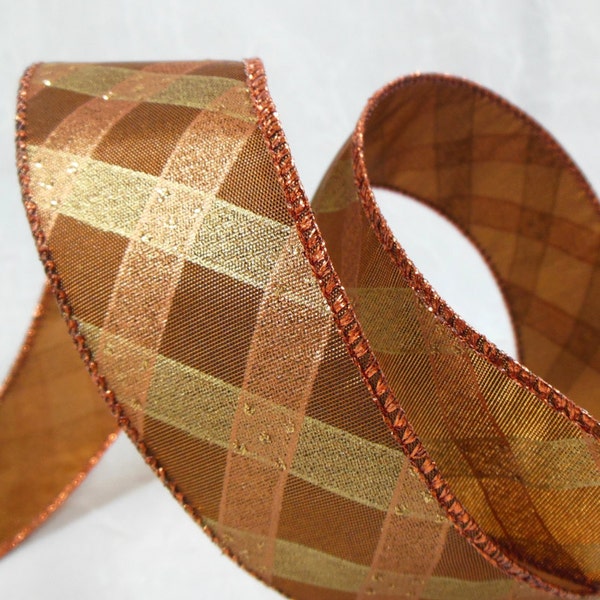 Wired Ribbon for Fall, Thanksgiving, Christmas Decor Copper and Gold Plaid