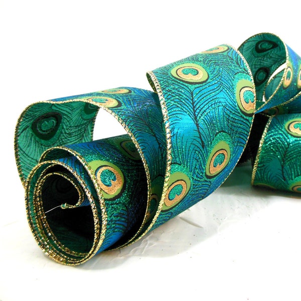 Peacock Feather Ribbon for Decor - Wired Edge, Sparkly, Teal Blue-Green, Gold