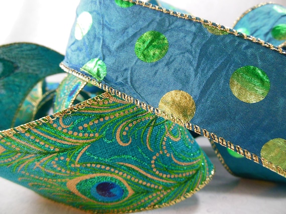 Teal Blue Green Dots Crinkle WIRE EDGED RIBBON 1-1//2/" x 5 Yards