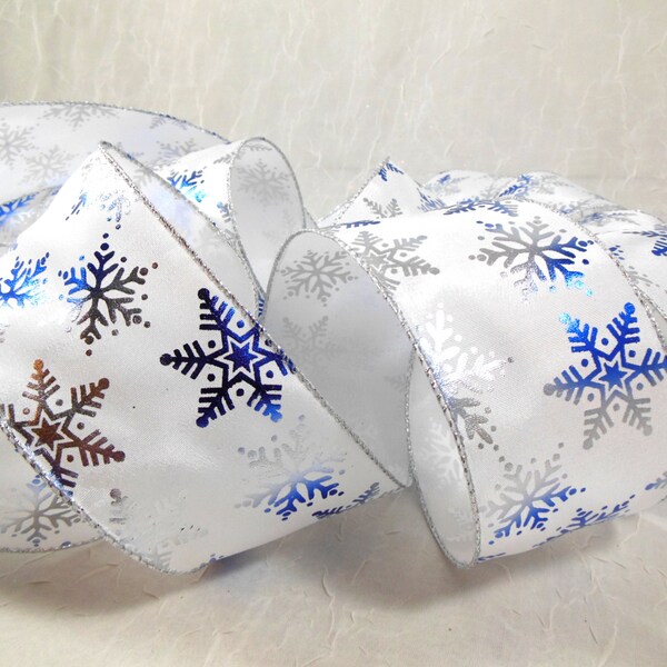 Holiday Ribbon Indigo Blue and Silver Foil Snowflakes on White Satin Wire Edge Wide Width