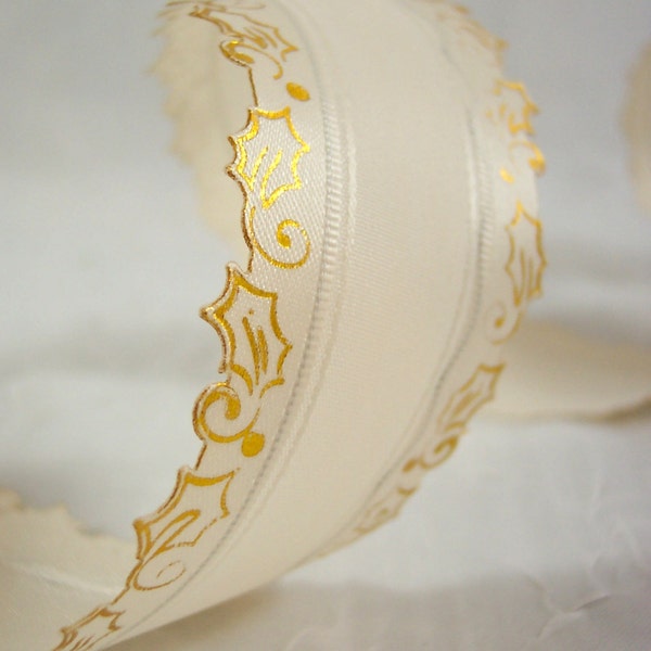 Christmas Ribbon Ivory with Gold Holly Cut Work Border Wire Edge