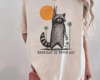Koszulka z memem "Everyday Is Trash Day", koszulka z zachodzącym słońcem w stylu retro, fajna koszulka z szopem, koszulka z memem w stylu zniszczonym, zabawna koszulka z memem z szopem