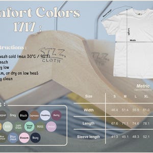 Op de afbeelding: Een maattabel voor het Comfort Colors 1717 t-shirt met een afbeelding van een wit t-shirt met labels voor lengte, breedte en mouwlengte. Bevat een tabel met metrische maten in centimeters voor de maten S tot 4XL en een kleurenpalet.