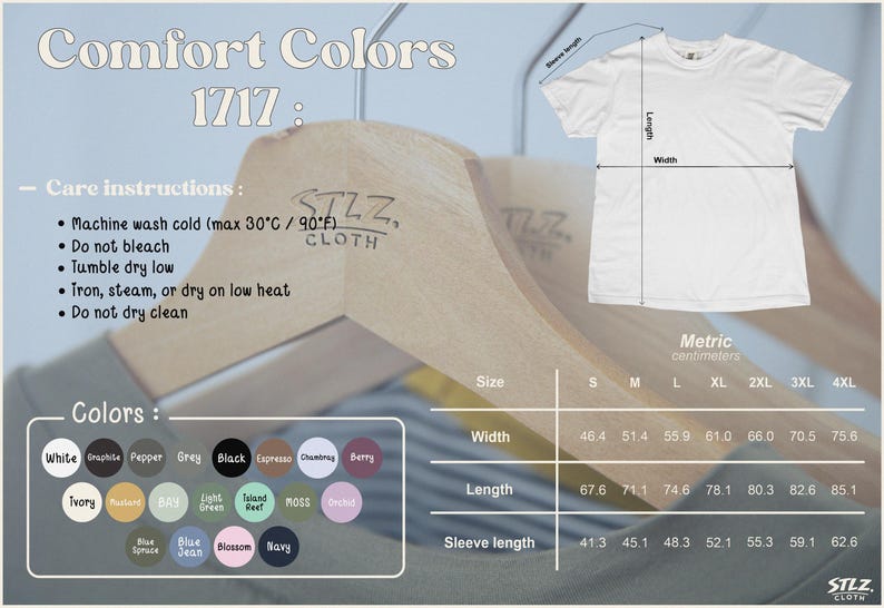 Op de afbeelding: Een maattabel voor het Comfort Colors 1717 t-shirt met een afbeelding van een wit t-shirt met labels voor lengte, breedte en mouwlengte. Bevat een tabel met metrische maten in centimeters voor de maten S tot 4XL en een kleurenpalet.