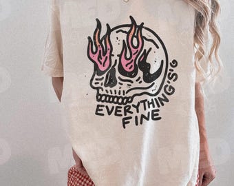 Camiseta Comfort Colors® Todo está bien, Camiseta oversize con calavera, Camiseta con estampado sarcástico, Camiseta grunge retro, Camiseta de esqueleto rock and roll retro