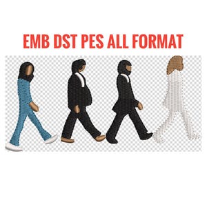 Może przedstawiać: Haftowany wzór przedstawiający cztery postacie idące w linii, z tekstem "EMB DST PES ALL FORMAT" powyżej. Postacie są w różnych kolorach, w tym niebieskim, czarnym i białym, i idą na przezroczystym tle.