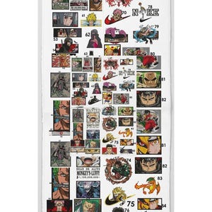 May include: A digital catalog titled MEGA 85 EMBROIDERY DESIGNS BUNDLE featuring various anime-inspired character illustrations and logos. The collection includes numbered designs and lists file formats: PES, JEF, DST, VP3, XXX, EXP, HUS, VIP.
