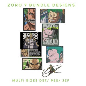 Diseños de bordado de Zoro de One Piece / 7 archivos de anime (DST, PES, JEF) (Descarga digital)