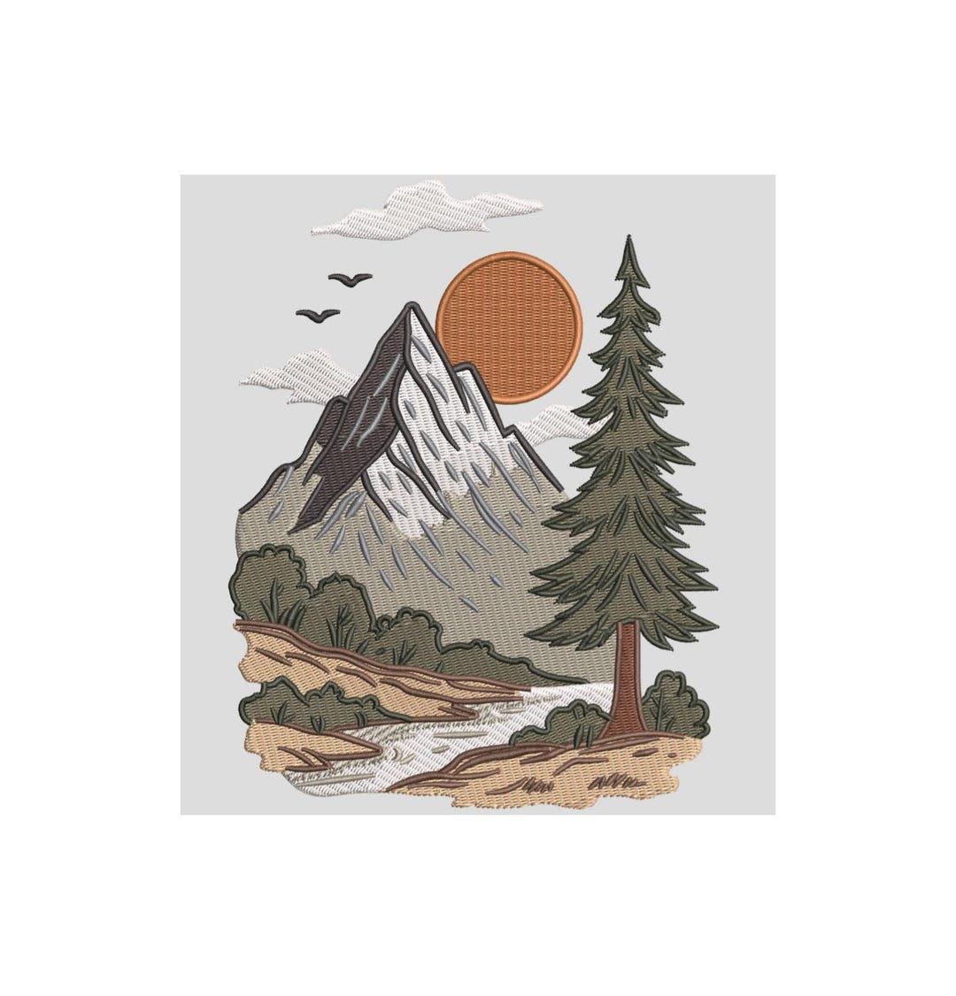 Mountain & Pine Tree Embroidery Design, Nature Landscape (6 Inch EMB ...
