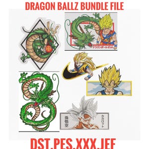 May include: An image featuring several embroidered patches with Dragon Ball Z characters and imagery. The patches include a green dragon, Goku, and Vegeta. The text "DRAGON BALLZ BUNDLE FILE" and "DST, PES, XXX, JEF" are also present.