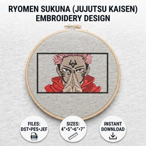 Könnte beinhalten: Ein Stickmuster von Ryomen Sukuna aus Jujutsu Kaisen, das den Charakter mit rosa Haaren, roten Augen und schwarzen Gesichtsmarkierungen in einem roten Kapuzenpullover zeigt. Das Design ist in einem Holzrahmen auf grauem Stoff eingefasst.