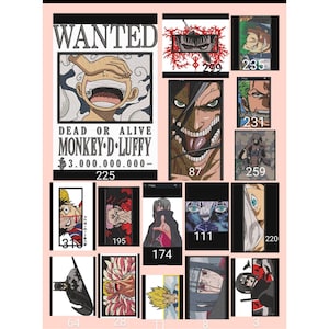 May include: A collage of wanted posters featuring various anime characters, including Monkey D. Luffy, with a bounty of £3,000,000,000. The posters are arranged in a grid with numbers below each character.