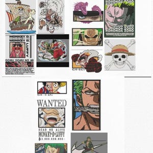 Op de afbeelding: Een verzameling geborduurde patches met personages en afbeeldingen uit de anime-serie One Piece. De patches tonen verschillende personages, een piratenschip, een schedel en gekruiste botten en tekst zoals "Wanted" en karakternamen.