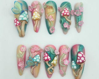 Handmade Fairycore Mushroom Press On Nails | Cottagecore 3D Floral Nail Art | Luxury Woodland Aesthetic